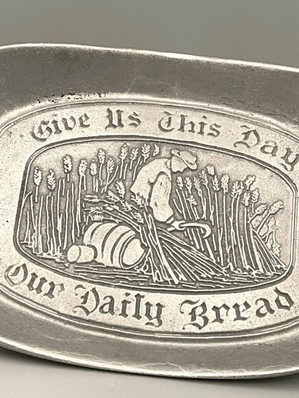 MCM Pewter Bread Tray “Give Us This Day Our Daily Bread” Vintage Farmhouse 8.5x6